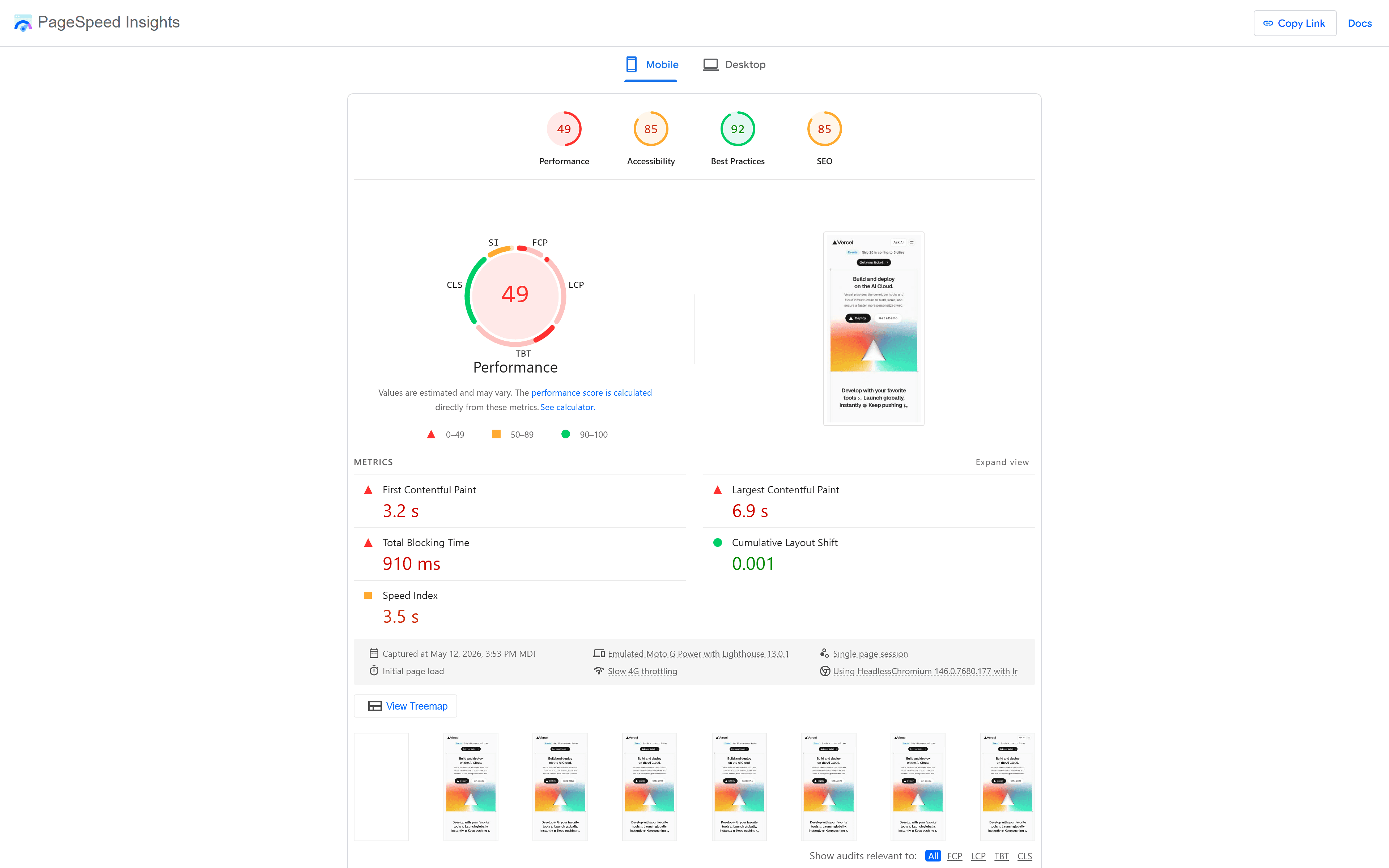 Lighthouse performance report