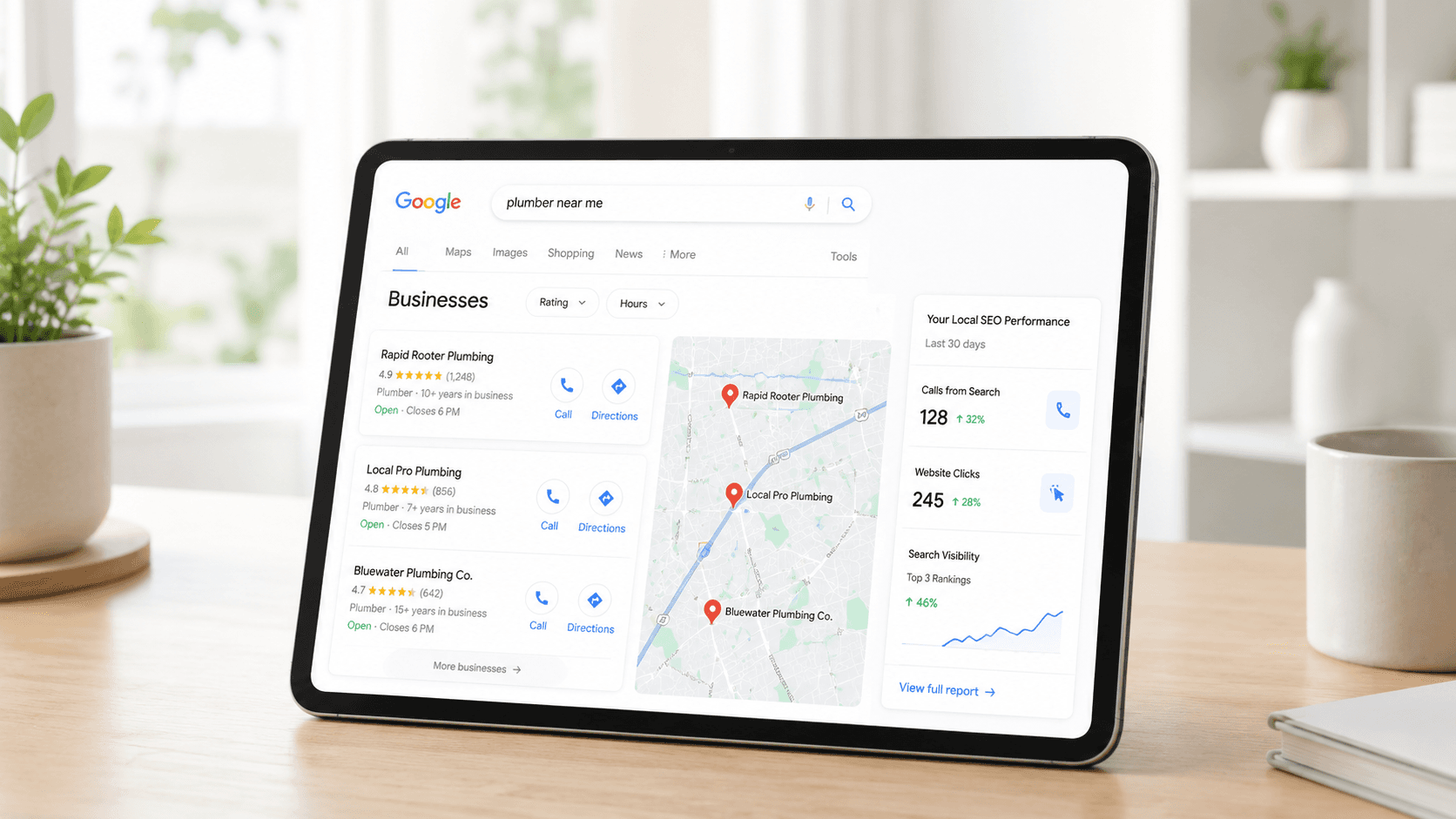 Búsqueda en Google de un servicio local mostrando el paquete de mapas con negocios cercanos