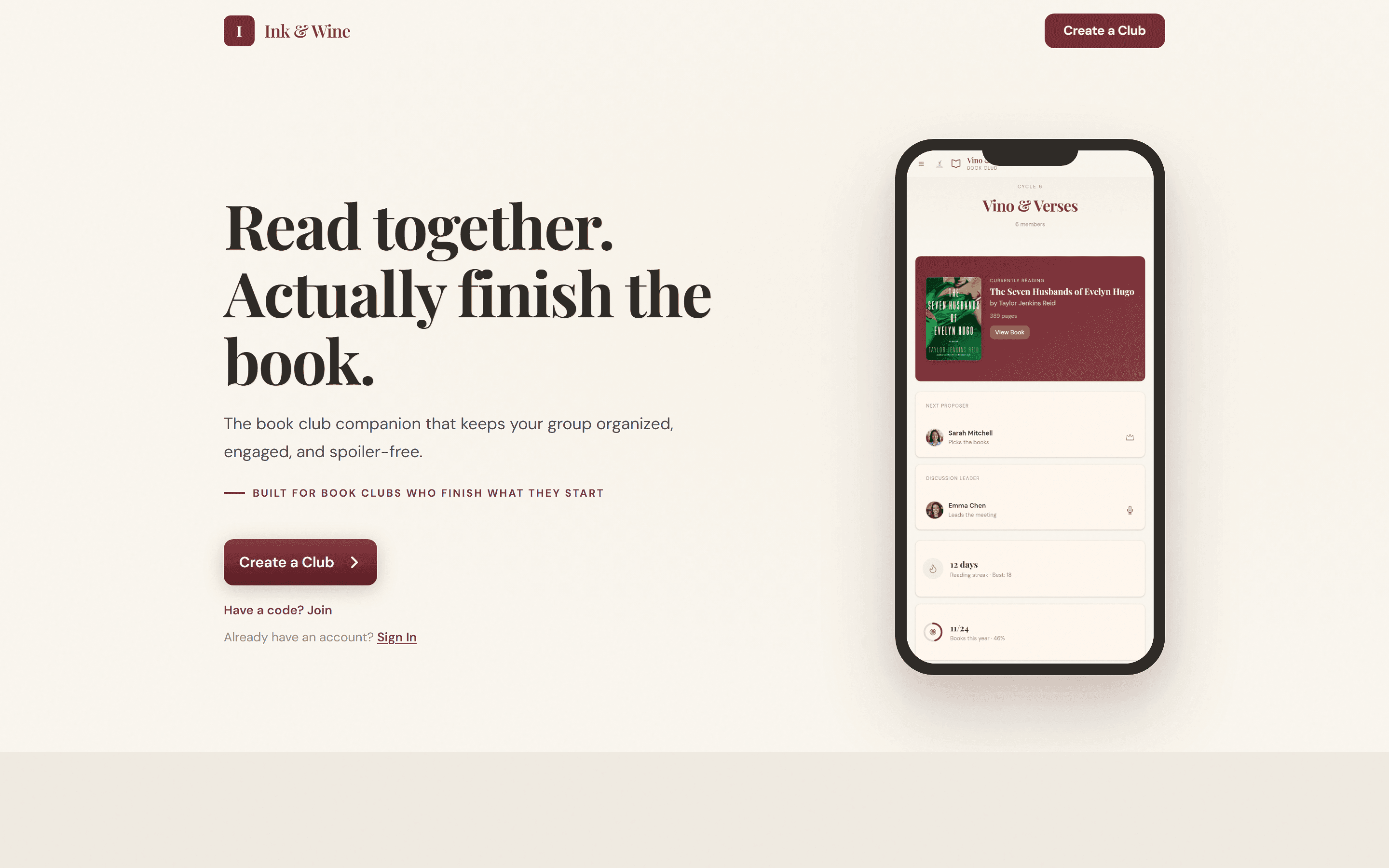 Ink & Wine · aplicación web para club de lectura